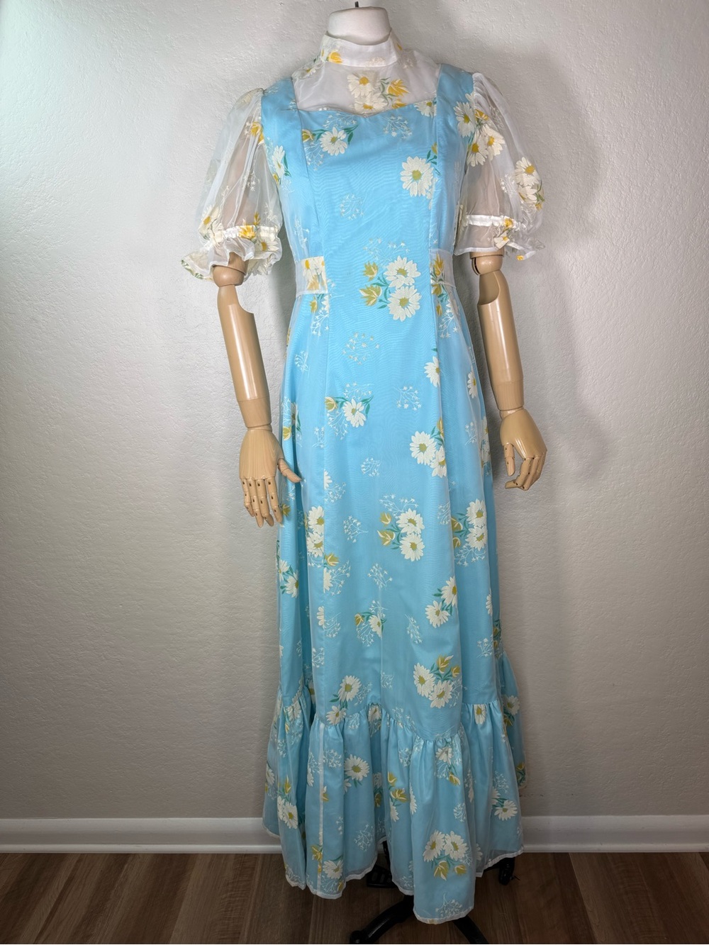 Vintage 60s Sky Blue Prairie Flocked Daisy Floral Ruffled Maxi Dress SMALL EUC - Picture 2 of 16